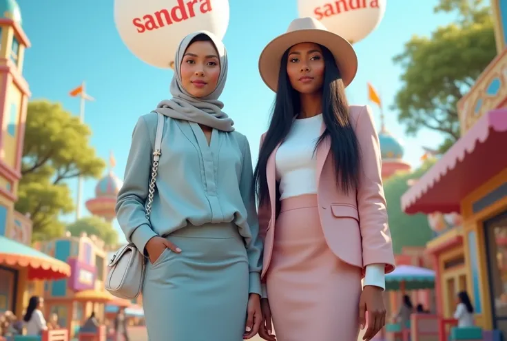 "Create an image featuring two fashionable young women standing in a colorful amusement park setting during the daytime, with vibrant rides and trees in the background. The first woman is wearing a neatly styled light gray hijab, a light blue blouse paired...