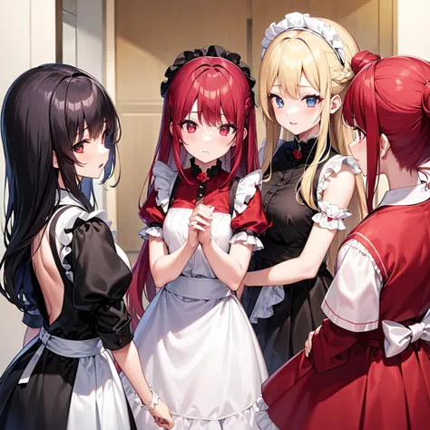 Three Girls、 maid clothes、 red ponytail、Black short hair、 blonde long hair