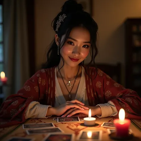 top quality, masterpiece, hi-res, 1 woman, 35 years old, Japanese, western style fortune teller outfit, hair ornament, necklace, jewelry, beautiful face, calm smile, upon_body, Tyndall effect, photorealistic, divination room, candles on table, tarot cards,...