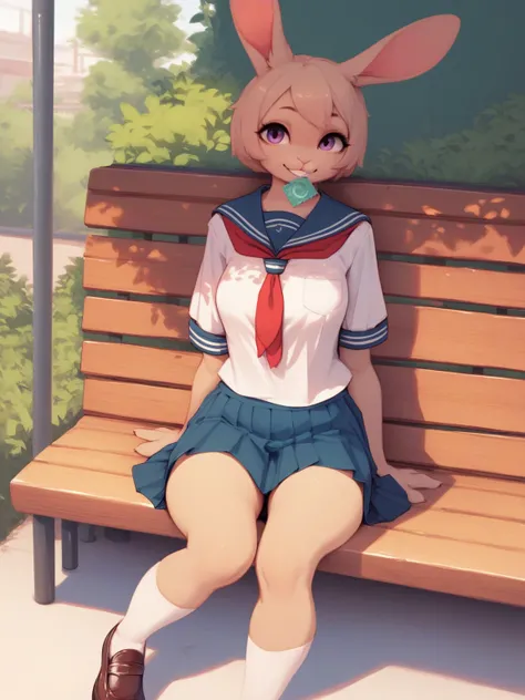 front view , furry female rabbit , school uniform , sit on a bench on the station platform , (spread legs:0.6) , (upskirt:0.9) , seduce smile , condom on mouth , (bottom underwear:0.4)