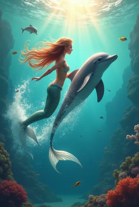 mermaid swims racing with a dolphin