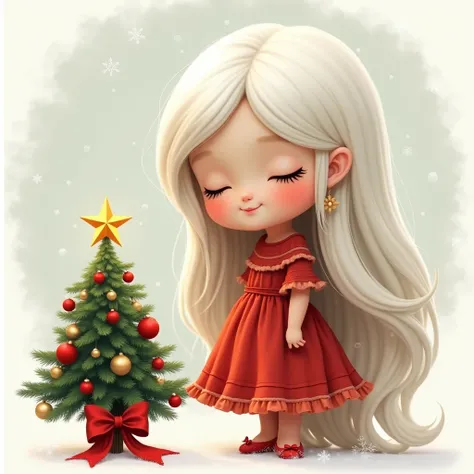 The image depicts a cute  with long white fluffy hair who looks happy and dreamy. Her eyes are closed and she has a slight smile on her face, which gives the image tenderness and calmness. Her cheeks are slightly pink and she has freckles on her face, whic...