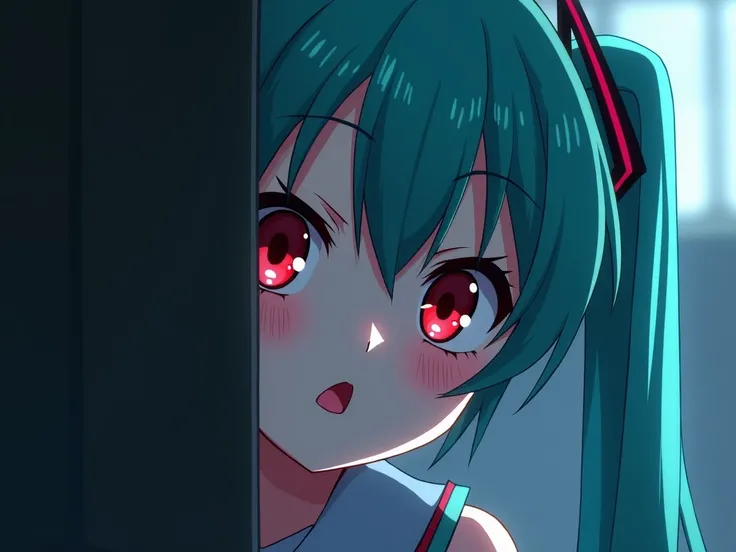  hatsune miku ,  is looking out from behind the tilted wall, (you can only see half of the face ),  finish looks at the viewer, , her manic gaze , loving  ,  with adoration ,  with a sly smile