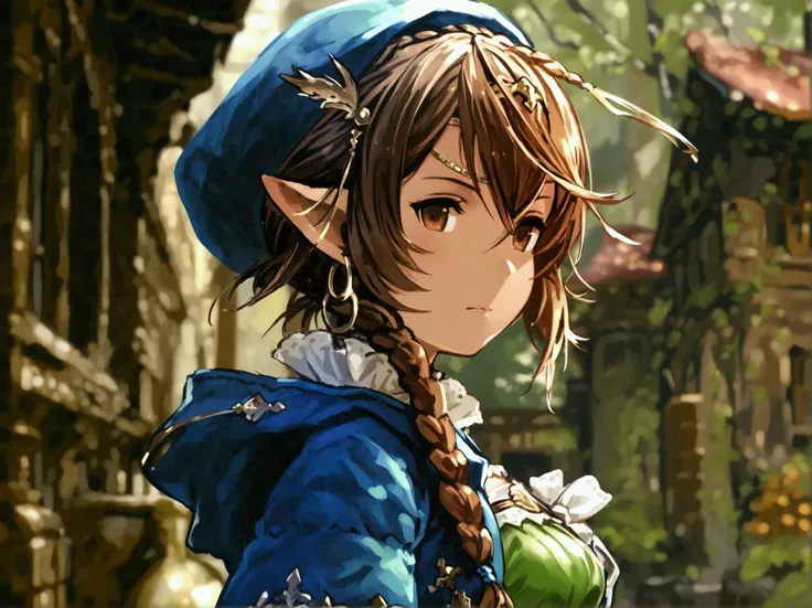 haaselia (granblue fantasy), brown hair, single braid, long braid, brown eyes, pointy ears, harvin, shortstack, hair between eyes, hoop earrings, circlet, blue coat, open coat, green dress, white skirt, waist blue bow, pantyhose, black shoes