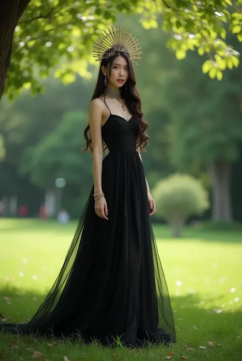  Beautiful Asian woman wears a deep black jeans material dress,  standing in attractive and graceful pose ,  very long hair touching the grass , wears a headdress ,  facing the camera soft and cool smile ,  background of a park full of trees , During the d...