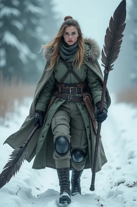  A woman dressed as a soldier with a weapon appears to be looking cold once . walks with a very large string with white feathers, the look before her eyes is very sharp frightening.Snow-covered 