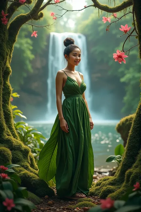 photography realistis,  image of a beautiful young woman chubby Indonesian smile ,hair topknot ,Clean Face, wears long dress in the shape of soursop leaves , dynamic pose standing in the middle of the Amazon forest with branches of moss and cherry blossoms...