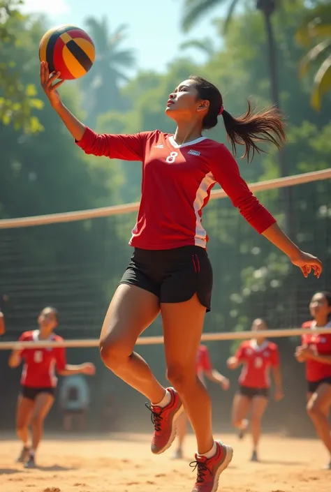 Volleyball match a beautiful Indonesian hijab woman wearing red and white volleyball uniform is playing volleyball 