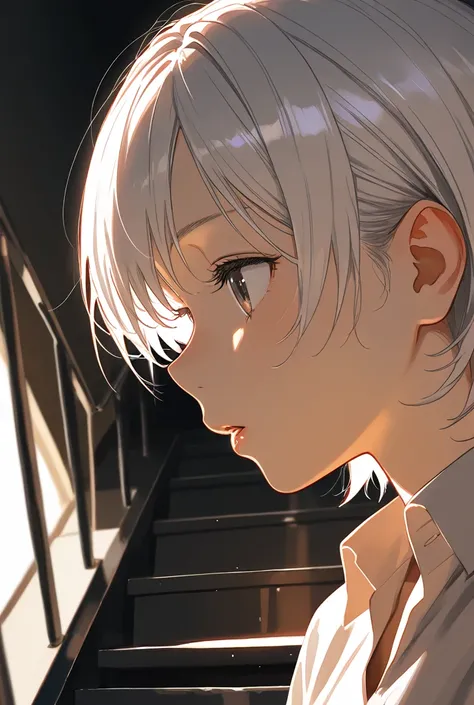  high resolution ,  Open lips ,  better quality ,  white hair ,  short hair ,  in profile ,  bottom view, crawls up the stairs