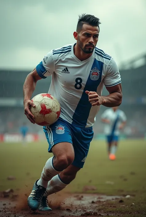 (((1man))),serious face of Ragnar oratmangoen, indonsiam playet, muscular, (brown eyes),sport clothes,(tight white with blu line pattern jersey) and blue pant, handsome, jock, dynamic, (sfw),(football player), (running on field with muddy),(dirty),(body sw...