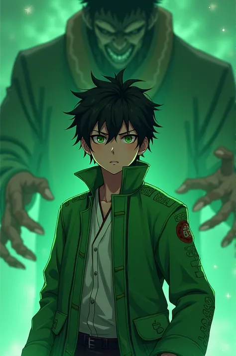 Anime guy wears a young ijo jacket and there is a demon hand the color of young ijo behind his