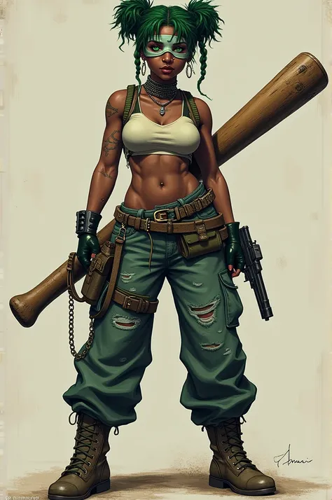 Green eyes, shirt Green Fluffy hair in two small Braids, dark skinned, earrings, Nose Piercing, Boots, baggy loosen pants, Ripped top, DIRTY CLOTHES, Finger free gloves, Belt with Guns and knifes and grenades, wears a Blindfold, Nailed baseball bat on the ...