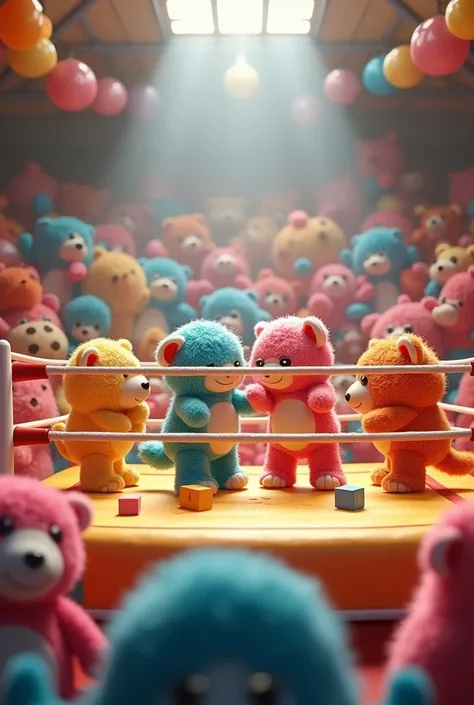 The video opens with a colorful, baby-friendly wrestling ring surrounded by stuffed animals as "audience members." Cheerful music plays in the background.
