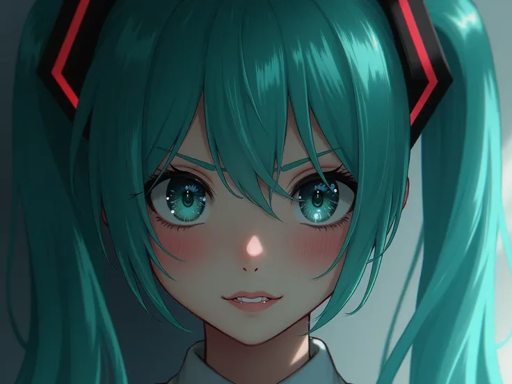  hatsune miku ,  is looking out from behind the tilted wall, (you can only see half of the face ),  finish looks at the viewer, , her manic gaze , loving  ,  with adoration ,  with a crafty smile 