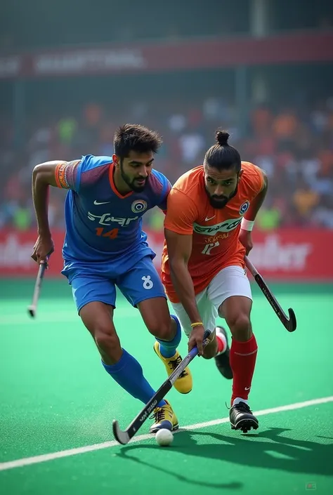 Two Indian male hockey players on a field during a match, where one player is blocking the others movement using the block tackle technique. The scene captures the intensity of the game and the strategic use of the technique.
