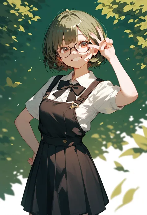 1girl,bangs,solo,black_skirt,simple_background,skirt,glasses,short_hair,smile,red_eyes,looking_at_viewer,green_hair,standing,short_sleeves,bow,v,brown_background