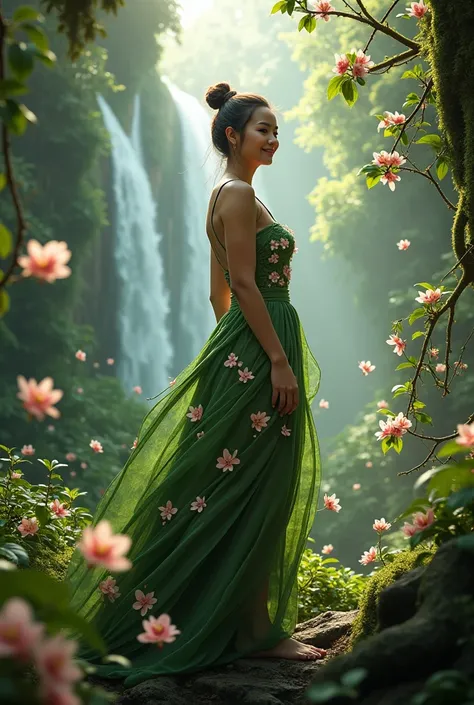 photography realistis,  image of a beautiful young woman chubby Indonesian smile ,hair Messy Bun ,Clean Face,wearing a long dress in the shape of soursop leaves covered with cherry blossoms, dynamic pose standing in the middle of the Amazon forest with bra...