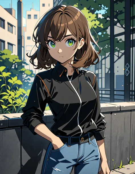 anime character of a woman with a black shirt longsleeve and blue jeans, short brown hair, neck length, green eyes, a digital painting inspired by Tomer Hanuka, trending on pixiv, serial art, heavy gesture style closeup, full body details, wearing casual c...