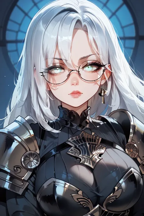 girl, beautiful,  very detailed ,  white hair,  bright white eyes,  general of the armed forces, Circle glasses,  beautiful face, selfless face , black slayer armor , dark night,  big breasts