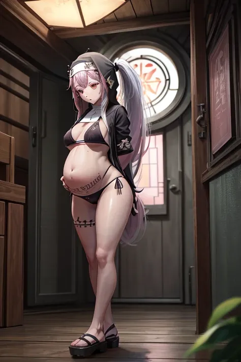 The location is a chapel 、 Extremely thin girl 、 plump breasts 、Very dark brown skin 、 wears a nuns hat only on the head、Pregnant women、Long pink hair has a ponytail 、 orange bikini swimsuit 、 pink tattoo on stomach、