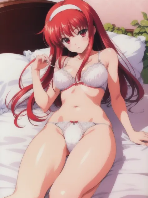 FujisakiShiori, long hair, Yellow hairband, red hair, red eyes, Busty, pink erect nipples, Hairless crotch, Lie on your back on the bed with your crotch spread out, white thong string panties, white tiny pimp bra,  high image quality,  High Quality , ８K