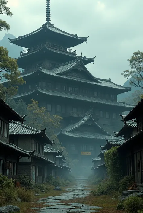 A huge abandoned ryokan on the site of a former hot spring town、 cloudy sky