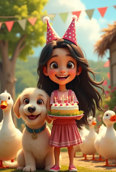 A photo showing a teenage woman who is her birthday,  her name is Lucía and shes  . is high,  with long black hair , with a braid.  She has dental braces and is very cheerful . He has a small, furry cream-colored dog.  three ducks with white feathers .  Sh...