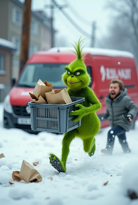 In a snowy environment the Grinch running off with a grey plastic crate with paper bags in it. Chased by an angry delivery guy dressed in a grey jacket. In the background there is a red renault van crashed into a pole with red and white stripes.