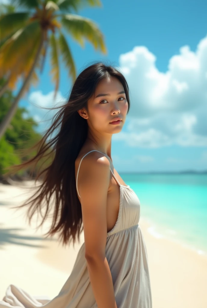 Create a realistic cover picture for a 37 year old thai woman at the beach