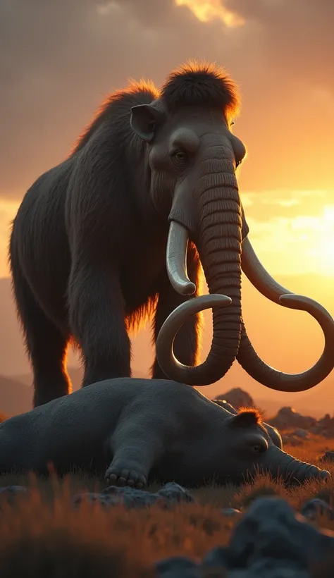 A photorealistic image of a majestic woolly mammoth standing over a fallen mammoth, bathed in the golden light of a setting sun. The scene is dramatic, with a moody sky and a rugged landscape.  The mammoths are highly detailed, showing their fur, tusks, an...