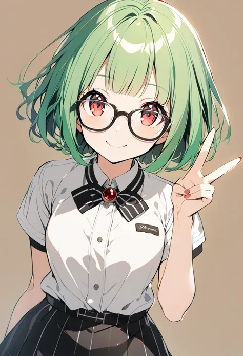 1girl,bangs,solo,black_skirt,simple_background,skirt,glasses,short_hair,smile,red_eyes,looking_at_viewer,green_hair,standing,short_sleeves,bow,v,brown_background