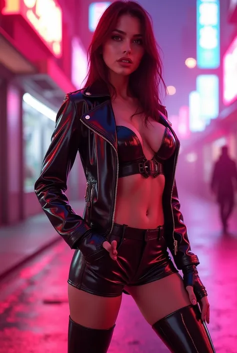 Model in latex overknees and hot pants on a pink street 