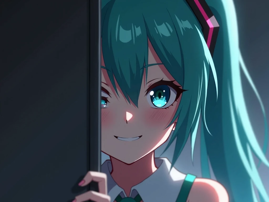  hatsune miku ,  looks out from behind the tilted wall, (you can only see half of the face ),  finish looks at the viewer, , her manic gaze , loving  ,  with adoration ,  with a crafty smile 