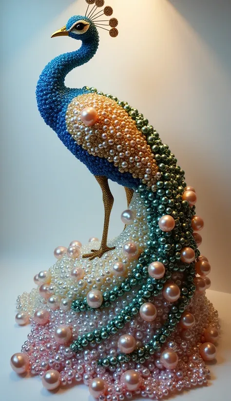 "Create an image of a majestic peacock where its entire body, including feathers, wings, and tail, is completely made of different-colored pearls. The pearls come in vibrant shades of blue, green, pink, gold, purple, and silver, arranged beautifully to rep...