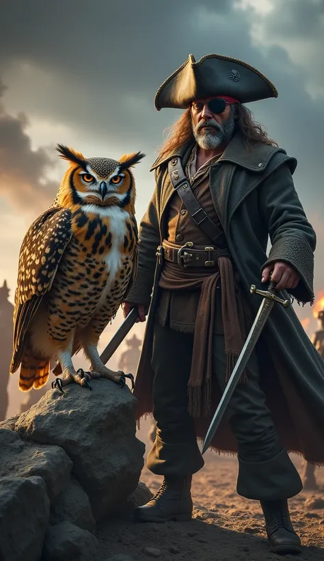 "Create an image where an owl and a pirate are placed together in an intense, angry mood on a battlefield. The owl is perched on a rocky surface, feathers ruffled in fury, its sharp talons gripping the ground. Its large, piercing eyes are narrowed in anger...