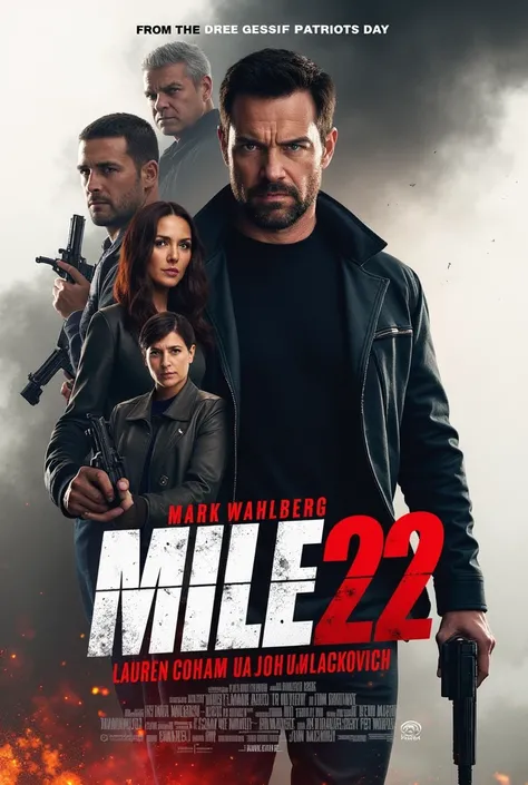 Create a poster for the movie "Mile 22"
The poster has a main color tone of gray, white and red, creating a sense of action, tension and a bit of danger. The poster layout focuses on the main characters in the center, along with the smoky background and ot...