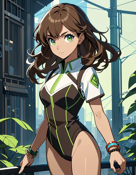 anime character of a woman with a short brown hair, neck length, green eyes, a digital painting inspired by Tomer Hanuka, trending on pixiv, serial art, heavy gesture style closeup, full body details, superhero, cowboy shot, wearing a leotard and matching ...