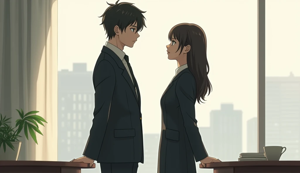 a politely dressed couple turning their backs on each other in anime style