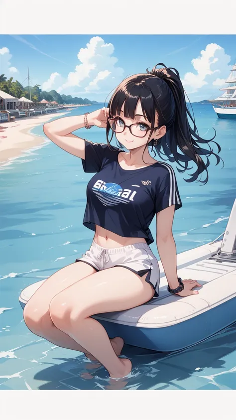 Black hair, glasses, boating