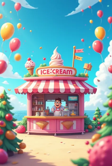 Ice cream ad . Happy s stand with ice cream and lick ice cream against the blue sky with balloons.  holiday atmosphere 