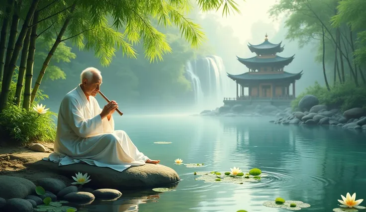 Create a tranquil and mystical riverside scene featuring an elderly man seated on a smooth stone by the riverbank. He is dressed in flowing white robes, playing a serene melody on a flute. The river flows gently, reflecting soft light, with white and yello...