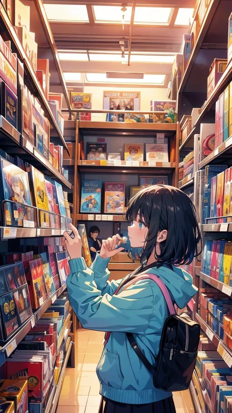  A busy anime merchandise store filled with limited edition figures and posters. High school students excitedly browse through the aisles, searching for rare collectibles. In the foreground, one student excitedly holds up a limited-edition figure they just...