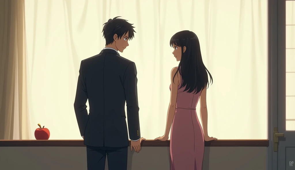 a politely dressed couple turning their backs on each other in anime style