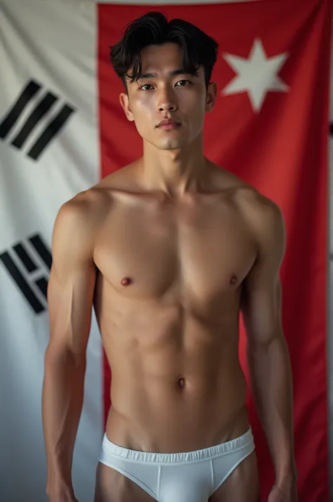  Imagen de un hombre de  full body,   full body , Be young and sexy  ,   Important that your feet are visible and you are standing  .  That you were born and raised in South Korea and are the most handsome in your country  .   You must use a brief   .   It...