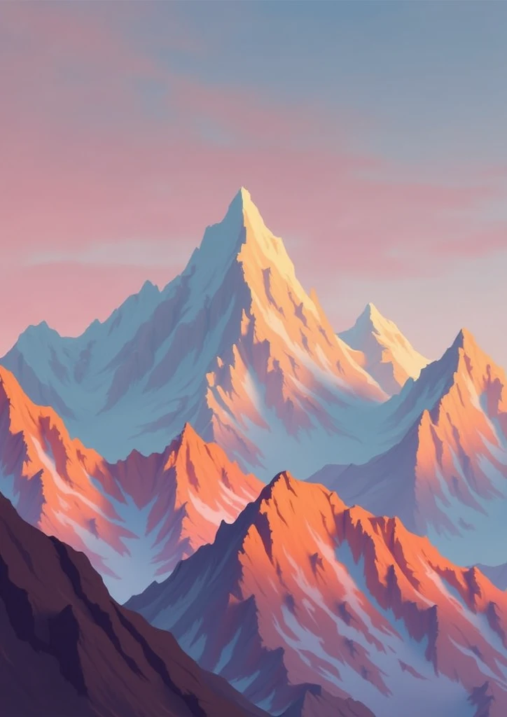 Colorful mountain range landscape, seen from a high angle, with soft, blended colors of pinks, oranges, purples, and blues. The mountains have dramatic peaks and ridges, with visible textures and shadows. The style is painterly, with visible brushstrokes c...