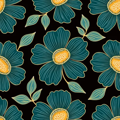 A graphic pattern featuring large, stylized flowers in deep teal and golden hues, set against a black background. The flowers have intricate linework, showcasing delicate petals and stamen details, creating a vibrant contrast. The overall design evokes a r...