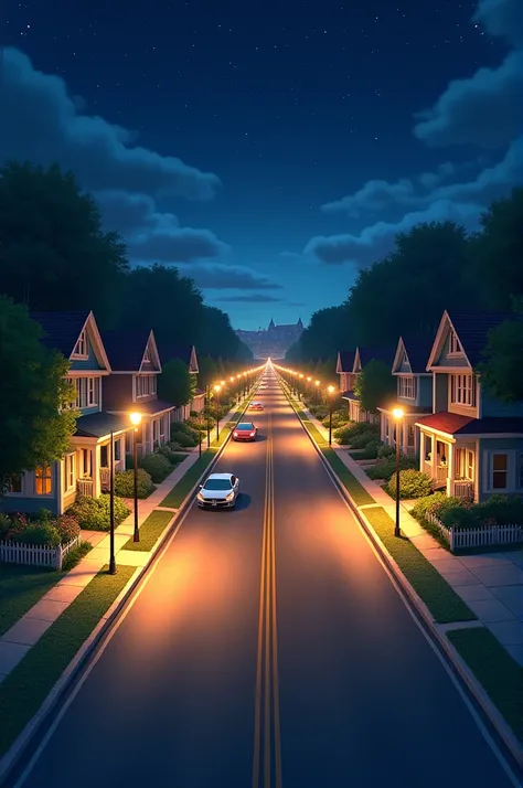 Four-lane avenue with houses on the side at night 