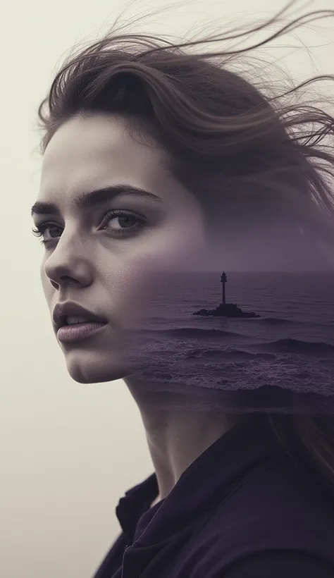 monochrome , h/b,  Sepia background mixed with purple , woman close-up face , double exposure to purple ocean waves on the face and a lighthouse in the distance,  Hair develops down the wind 