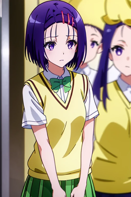 Haruna Sairenji, girl、 one girl 、Hair Accessories, Hair Clip, (Purple eyes:1.1), Purple Hair, short hair, Swept-apart bangs, (forehead:1.2), white shirt, Sweater vest, (Yellow vest:1.1), Short sleeve, Checkered skirt, Green Skirt, Short sleeve,Best Quality...