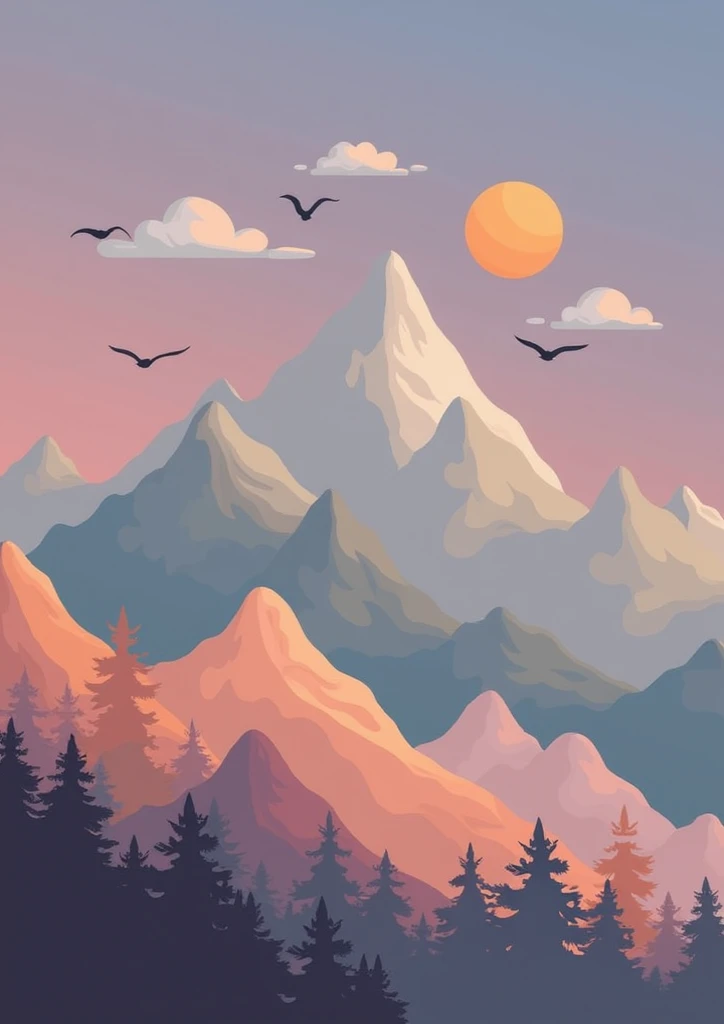 A landscape painting of a mountain range at sunset.  Muted, pastel colors of light peach, sage green, and dusky gray are used to depict the mountains. The mountains are stylized, with soft, rounded peaks and valleys.  A large, warm-toned orange sun is posi...